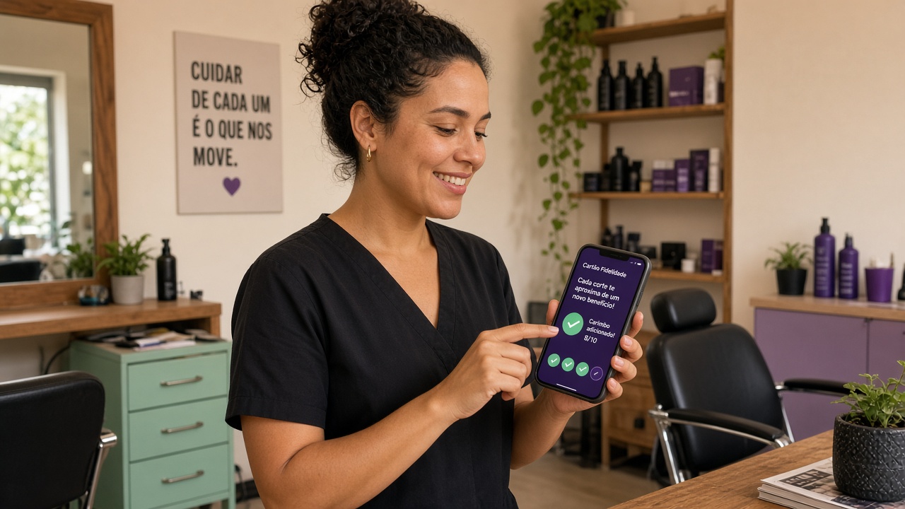Equipe da loja usando o celular para pontuar