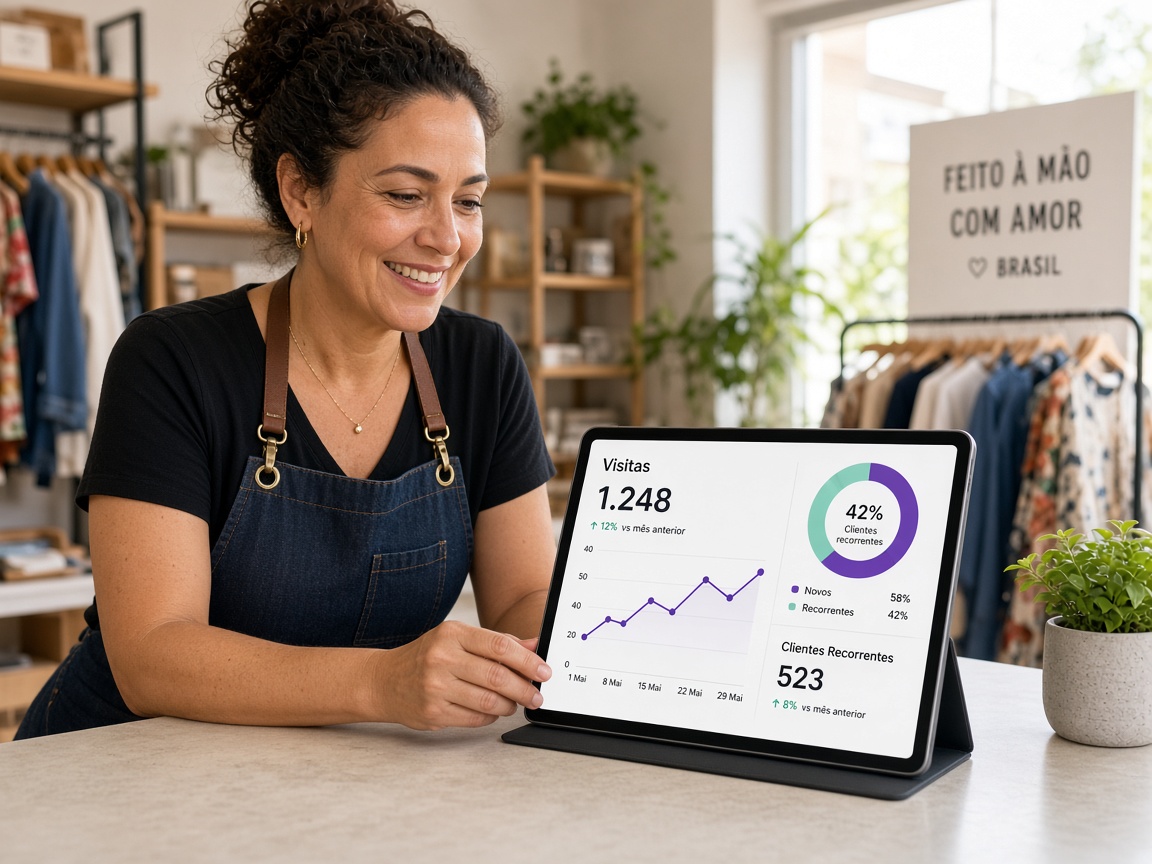 Dono da loja vendo métricas de clientes no tablet