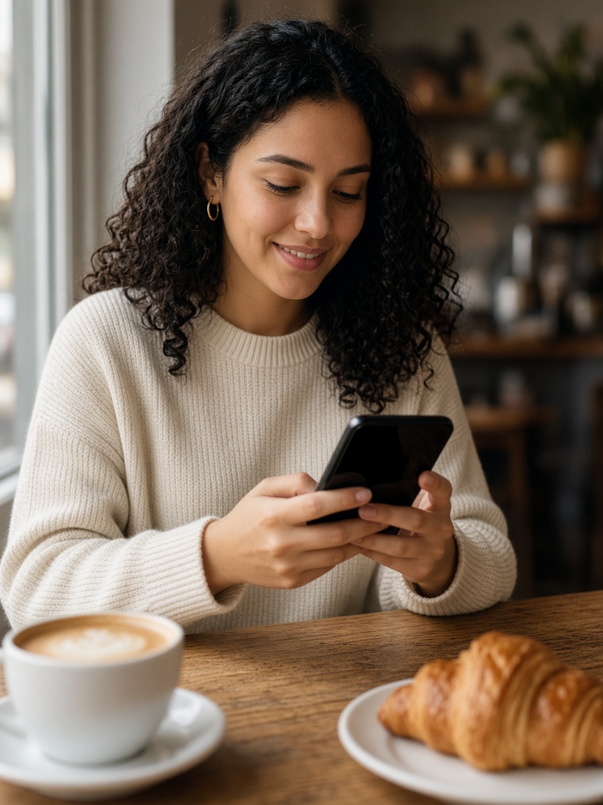 Cliente no café consultando o celular, com o cartão fidelidade à mão